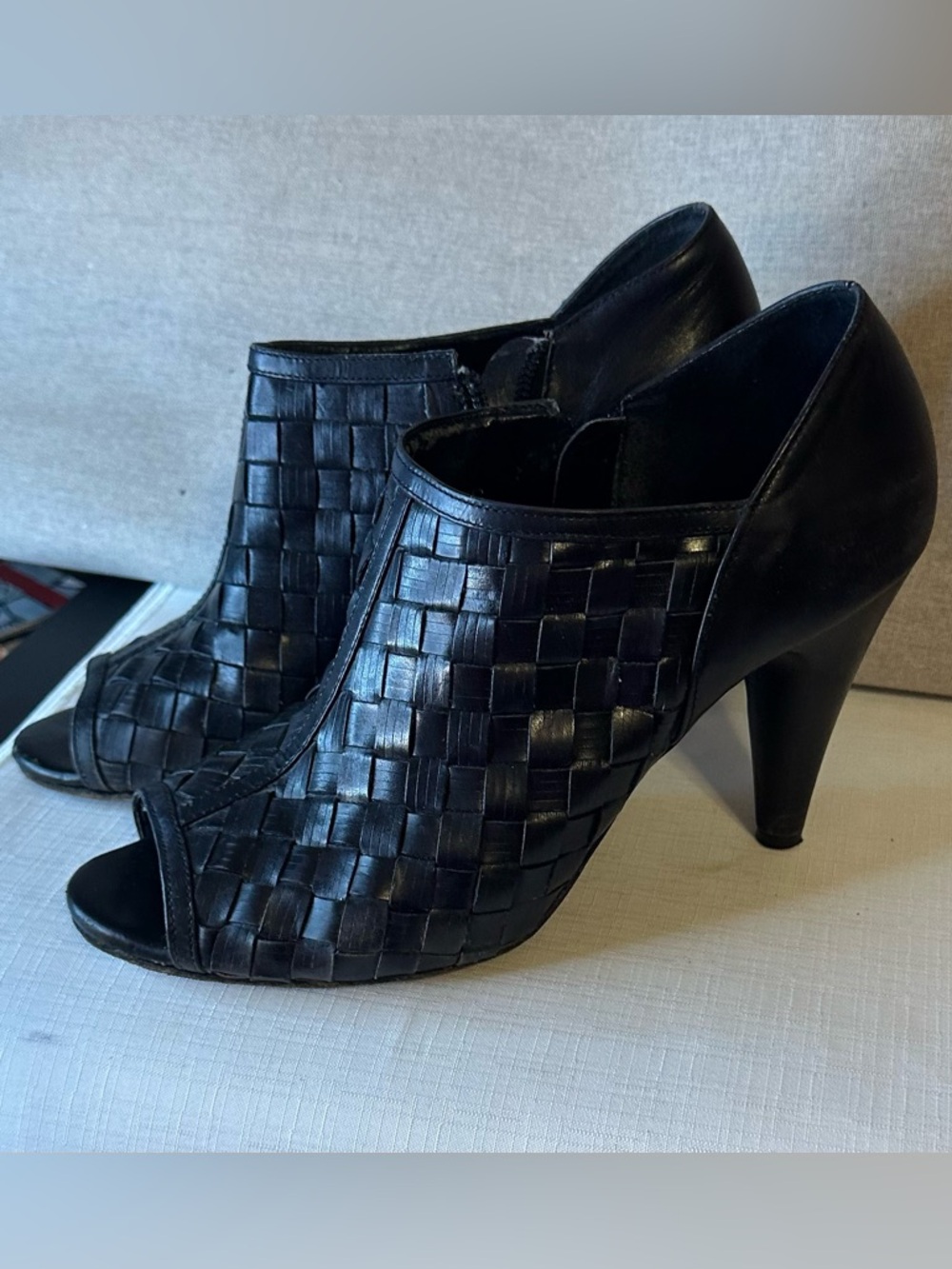 ANTONIO MELANI Black Woven Peep-Toe High Heel Booties